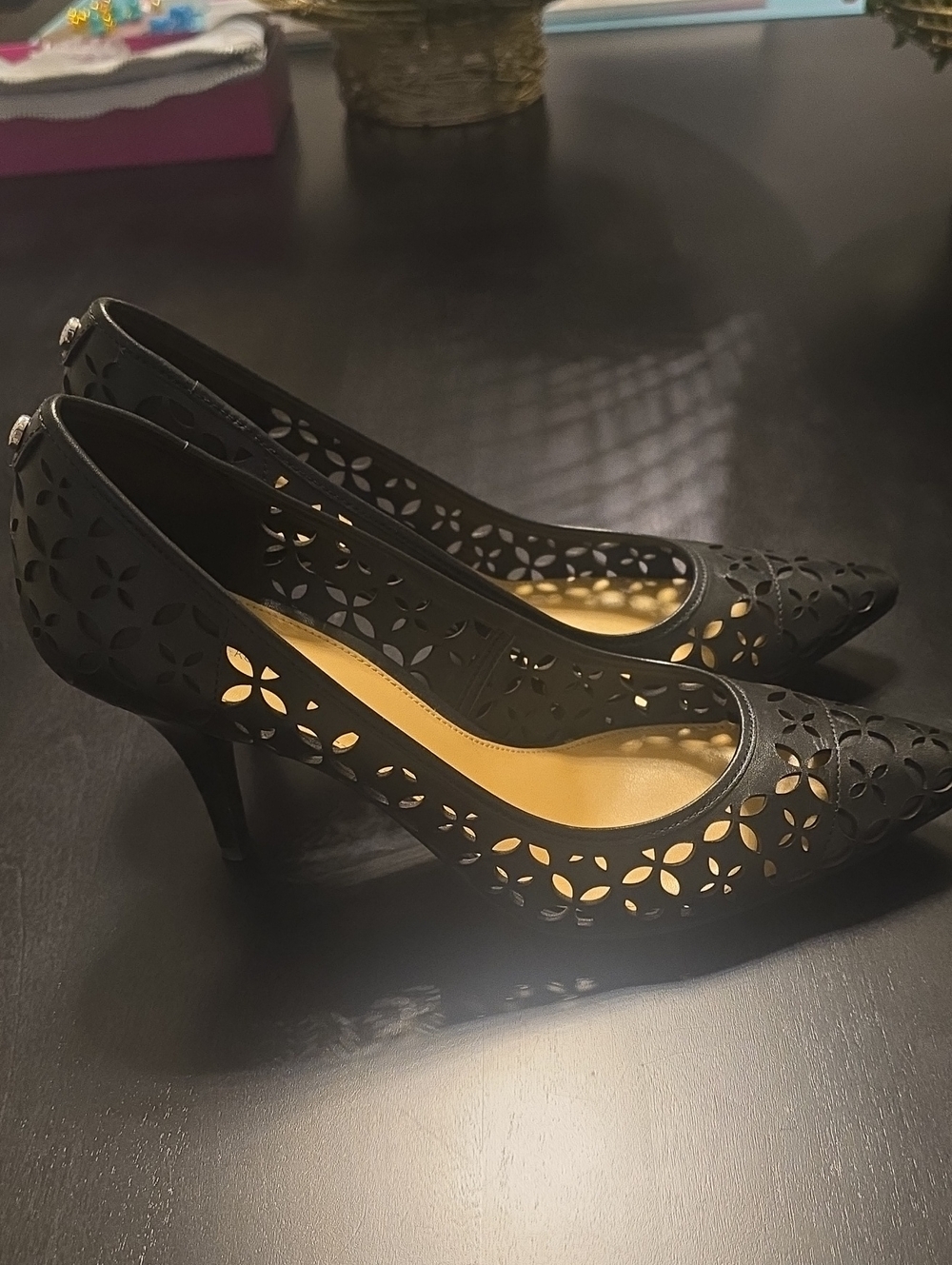 Michael Kors Black Laser-Cut Floral Pointed Toe Pumps